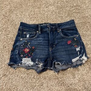 American Eagle Dark Blue Jean Shorts with Floral Embroidery